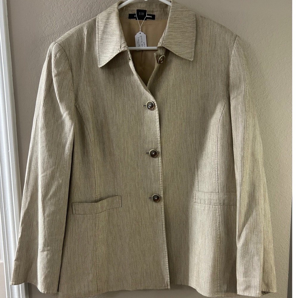 Ellen Tracy Beige Textured Ribbed Knit Button Front Blazer Jacket Womens L